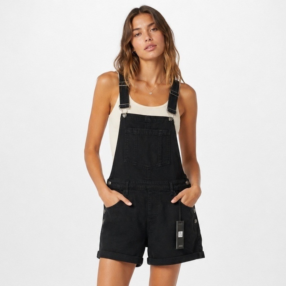Studio Blue Oakley Easy Shortall Black Denim Overalls Size L NWT